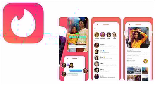 Tinder dating app logo and smartphone screenshots